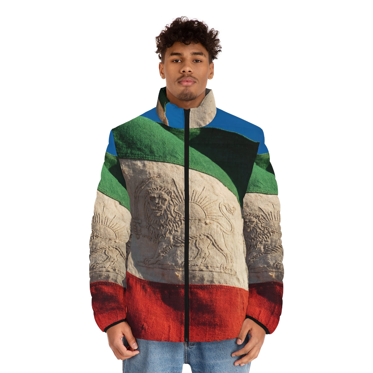Men's Puffer Jacket - Vintage Persian Lion and Sun Flag Art...