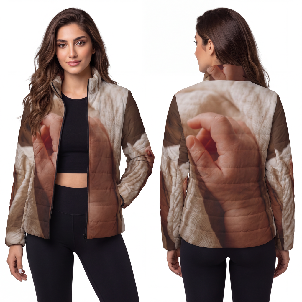 Women's Puffer Jacket - Tender Newborn Hand in Soft Muslin...