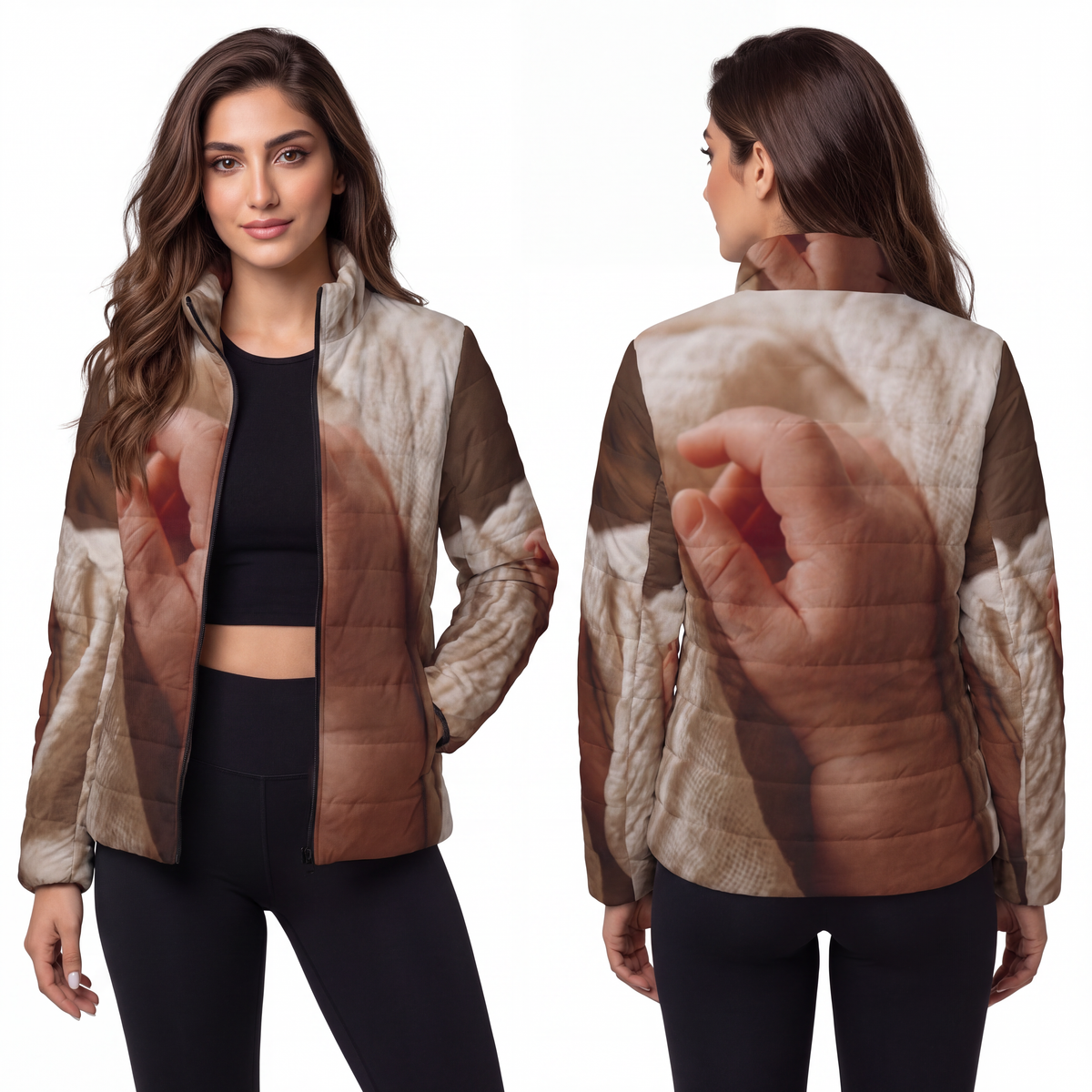 Women's Puffer Jacket - Tender Newborn Hand in Soft Muslin...