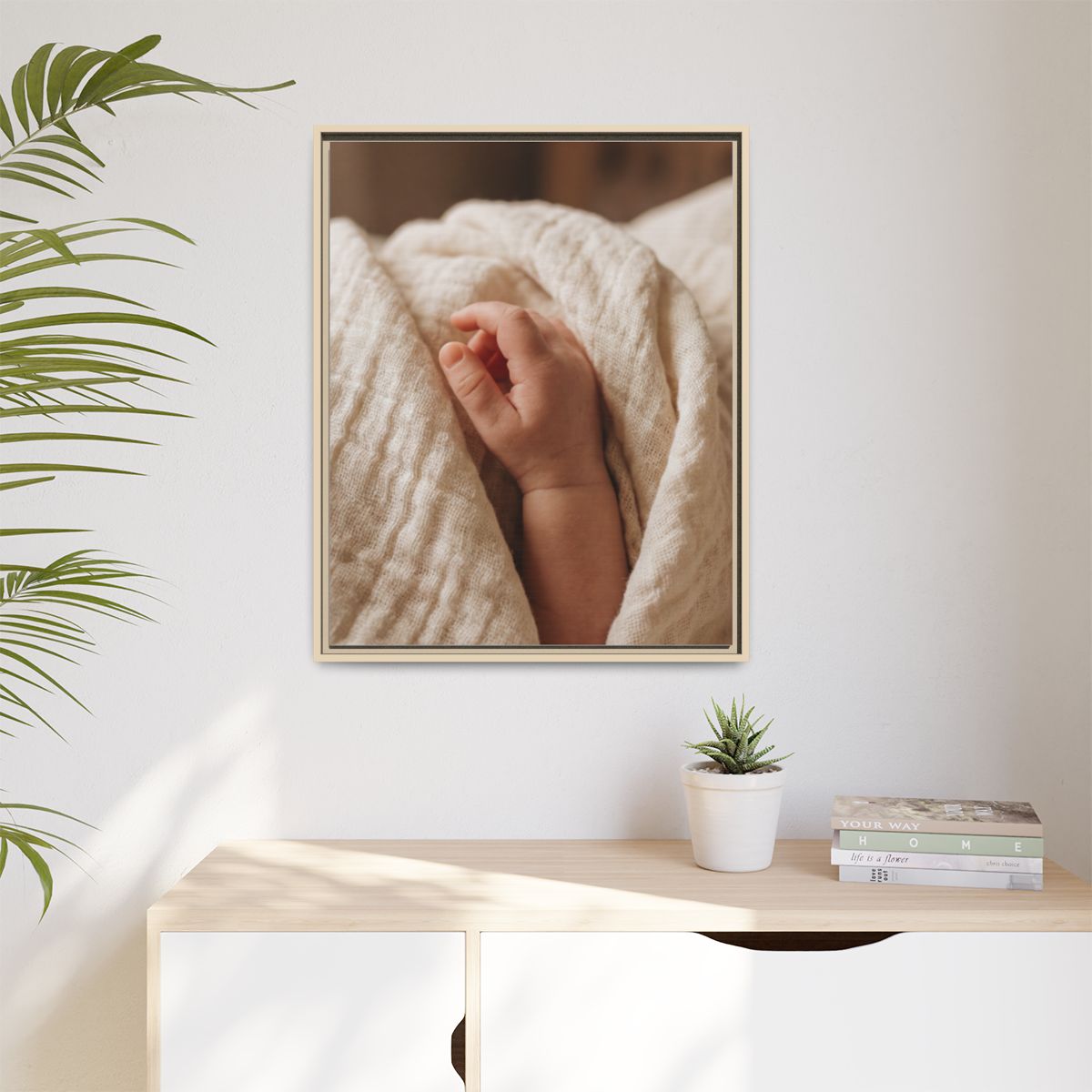 Matte Canvas, Framed - Tender Newborn Hand in Soft Muslin......