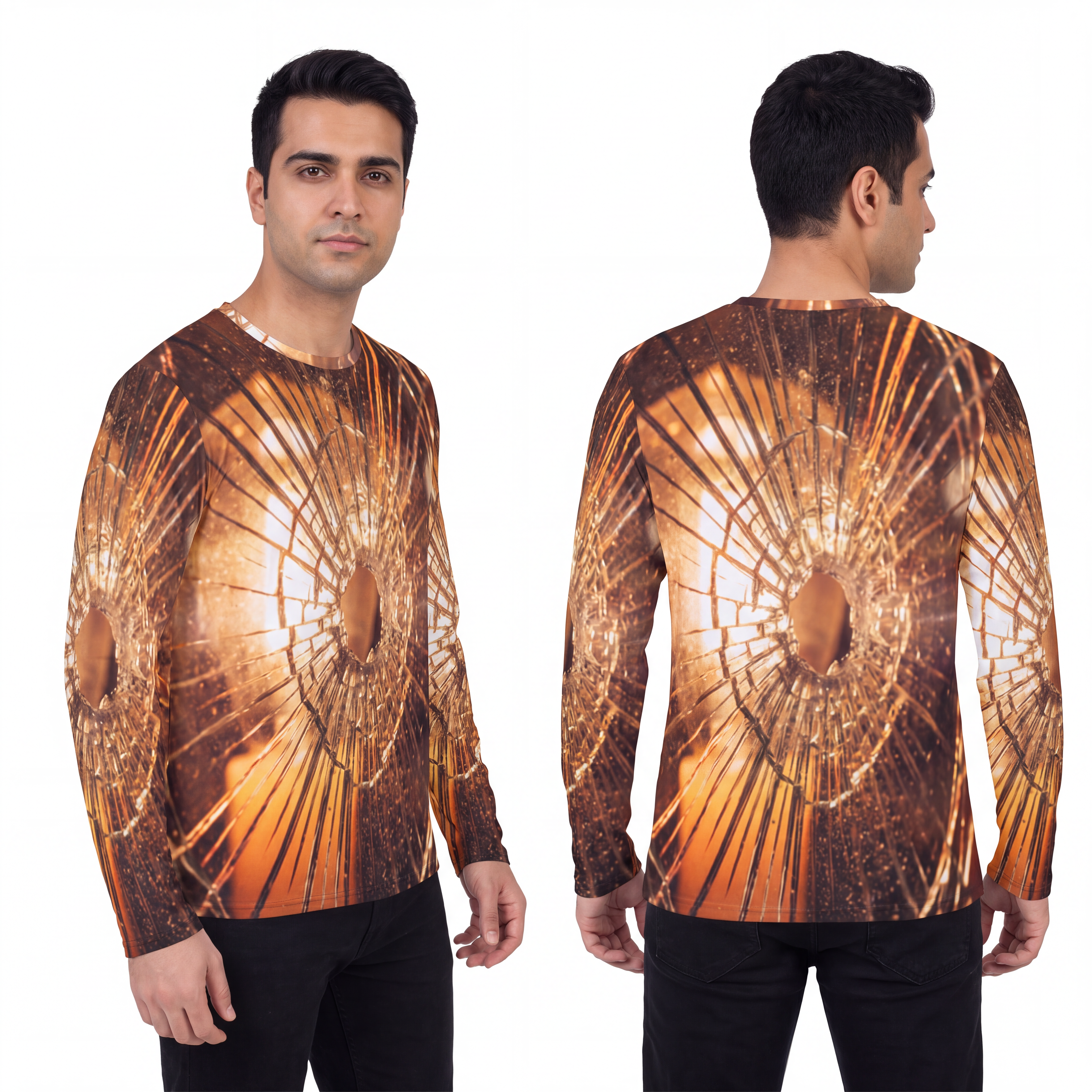Men's Long Sleeve Shirt - Golden Fractures Shattered Glass...