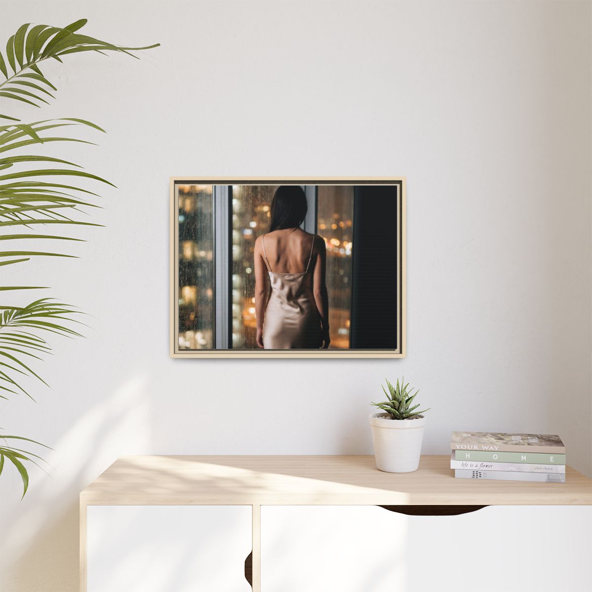Matte Canvas, Framed - Rainy City lights Glow — Natural /......