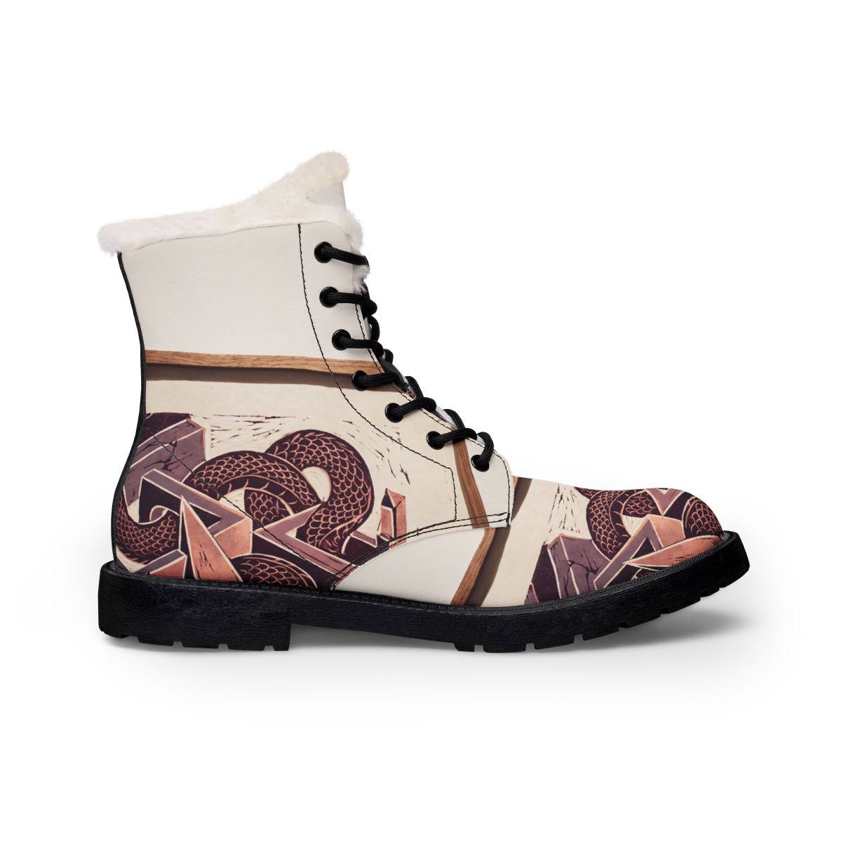 Men's Fur Leather Boots Serpent Linocut Art
