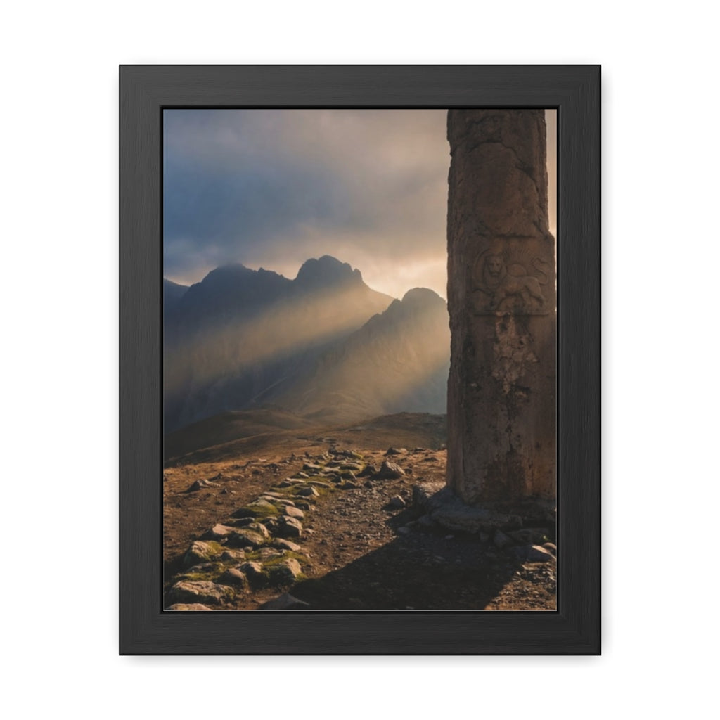 Framed Posters - Ancient Stone Column Mountain Sunset Art......