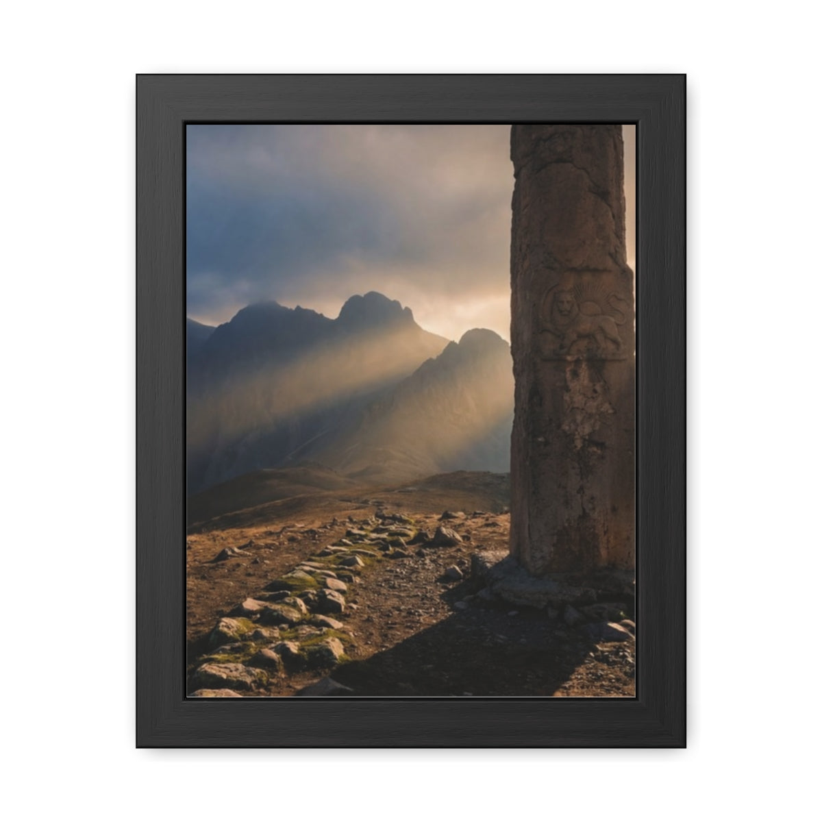 Framed Posters - Ancient Stone Column Mountain Sunset Art......