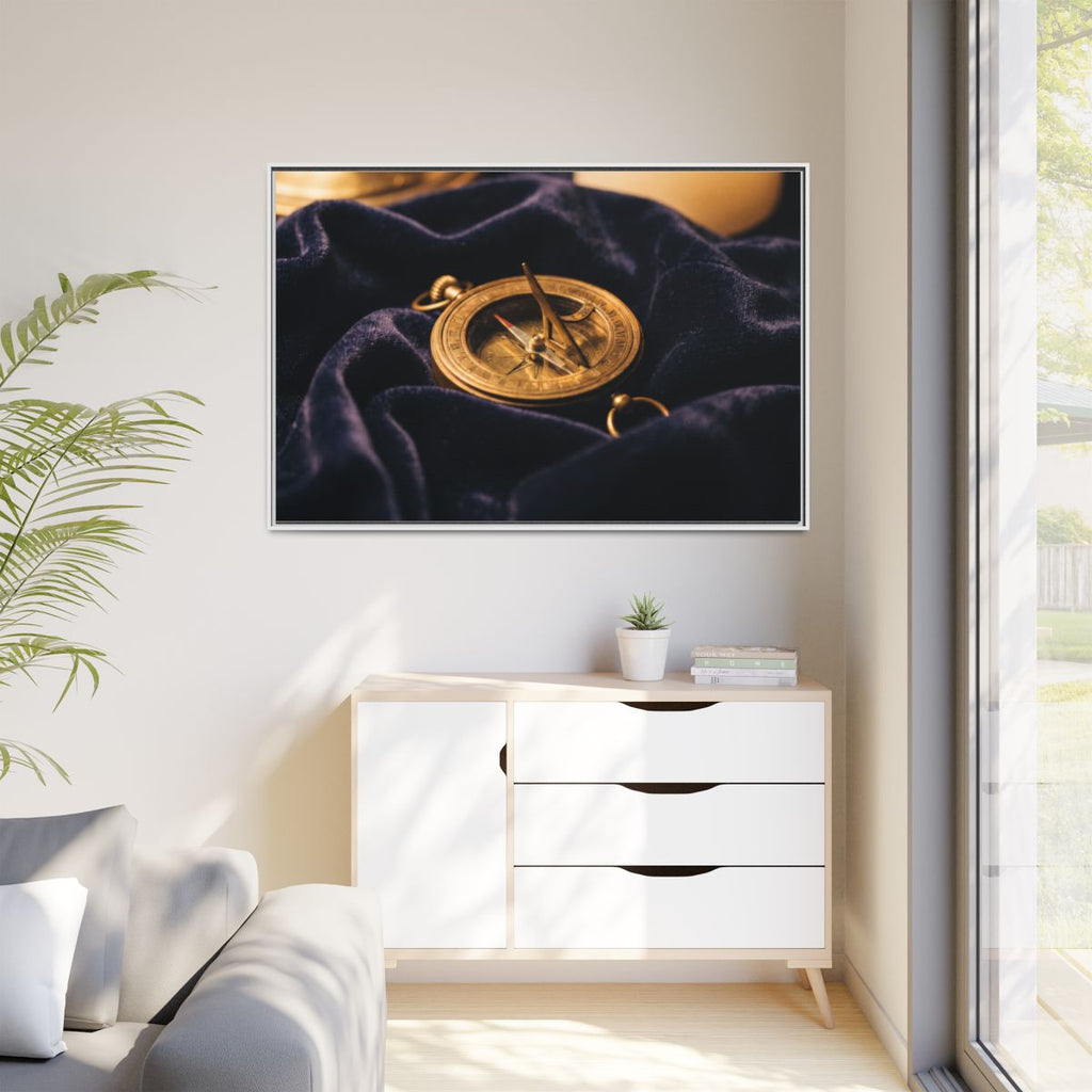 Framed Canvas Brass Sundial Landscape Art