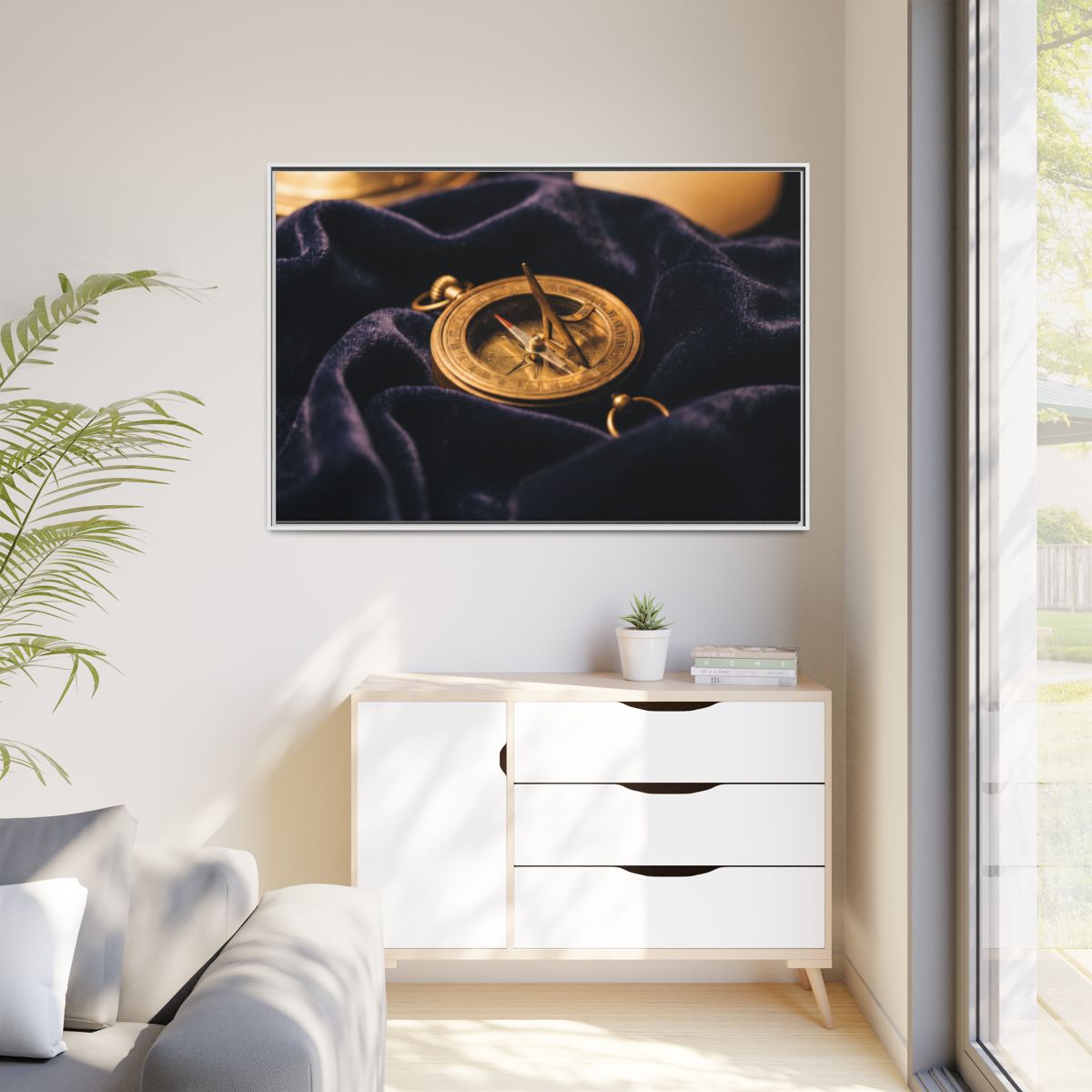 Framed Canvas Brass Sundial Landscape Art