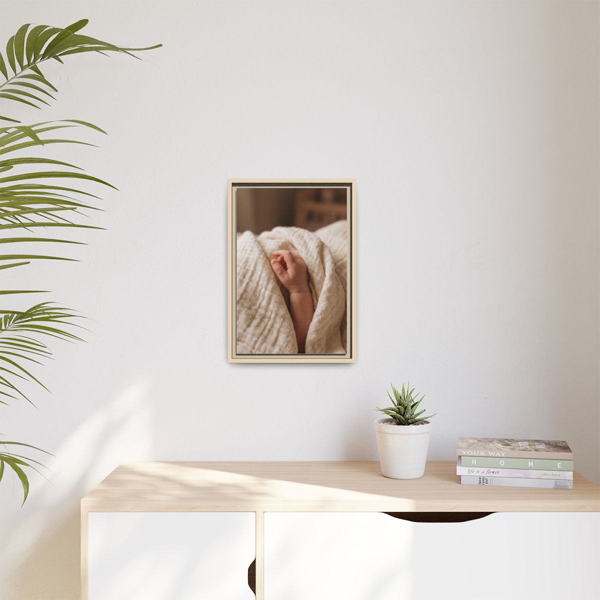 Matte Canvas, Framed - Tender Newborn Hand in Soft Muslin......