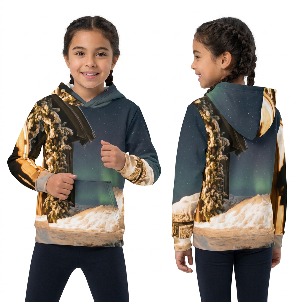 किड्स विंटर कॉटेज ऑरोरा नाइट Hoodie
