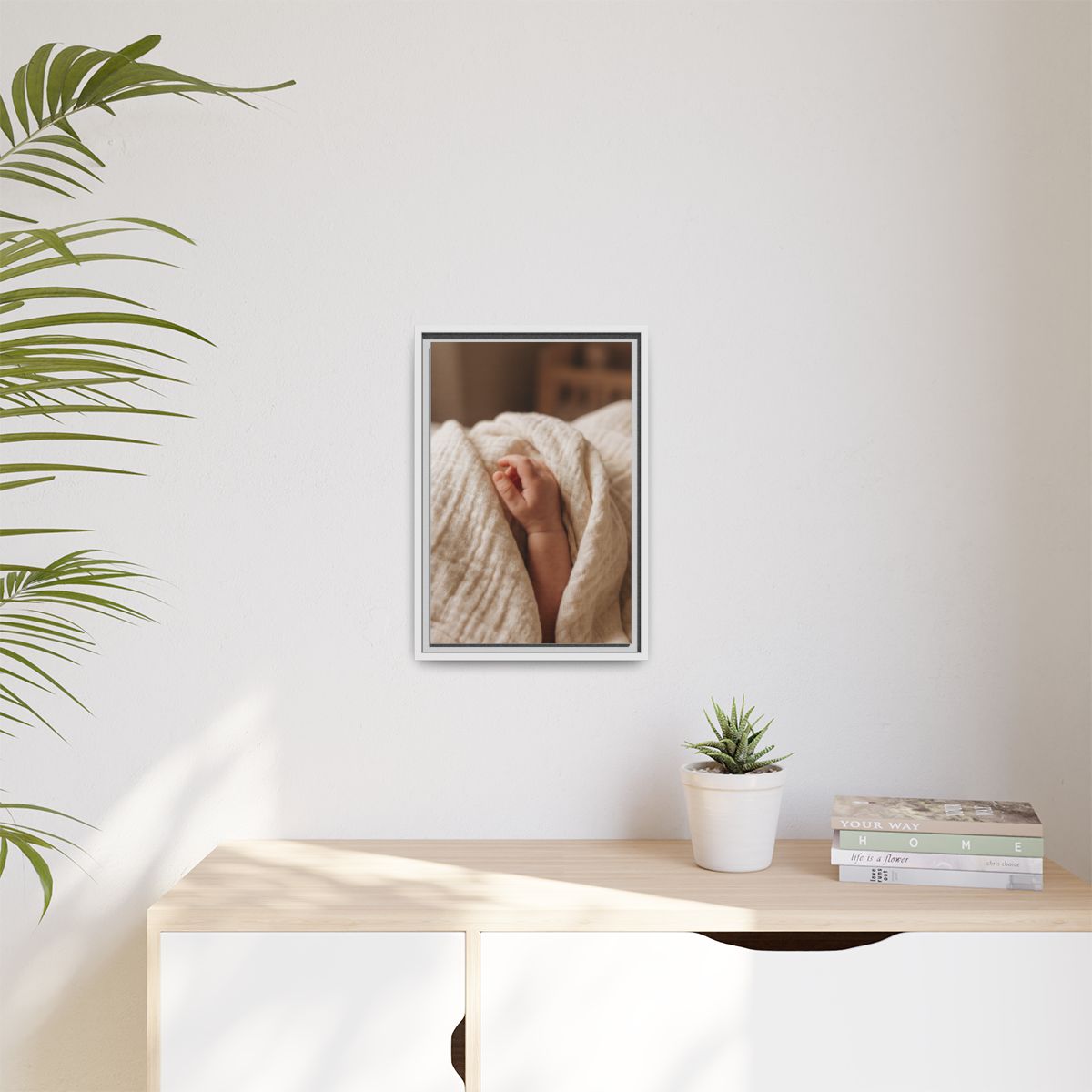 Matte Canvas, Framed - Tender Newborn Hand in Soft Muslin......