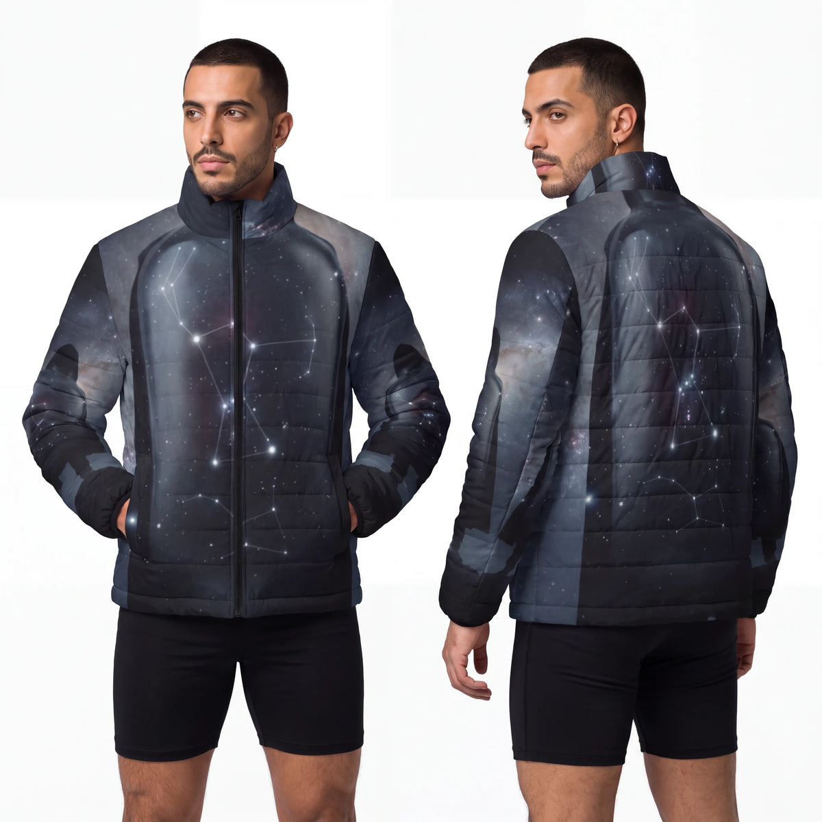 Men's Puffer Jacket with Cosmic Orion Art