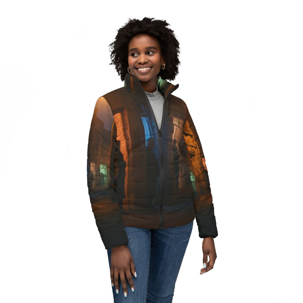 Women's Puffer Jacket - Shadowed Alleyway Mystery Art Print...