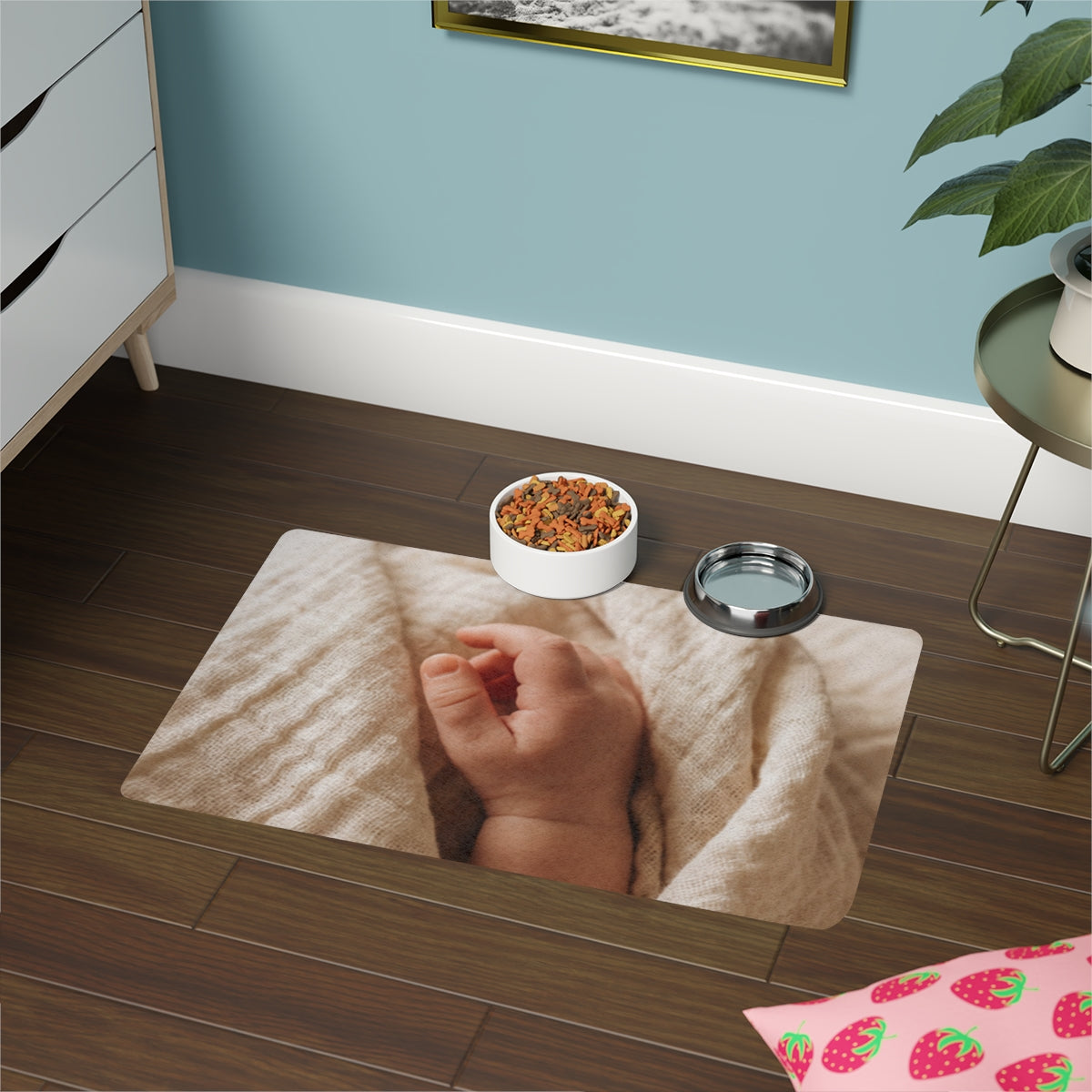 Pet Food Mat - Tender Newborn Hand in Soft Muslin Blanket |...