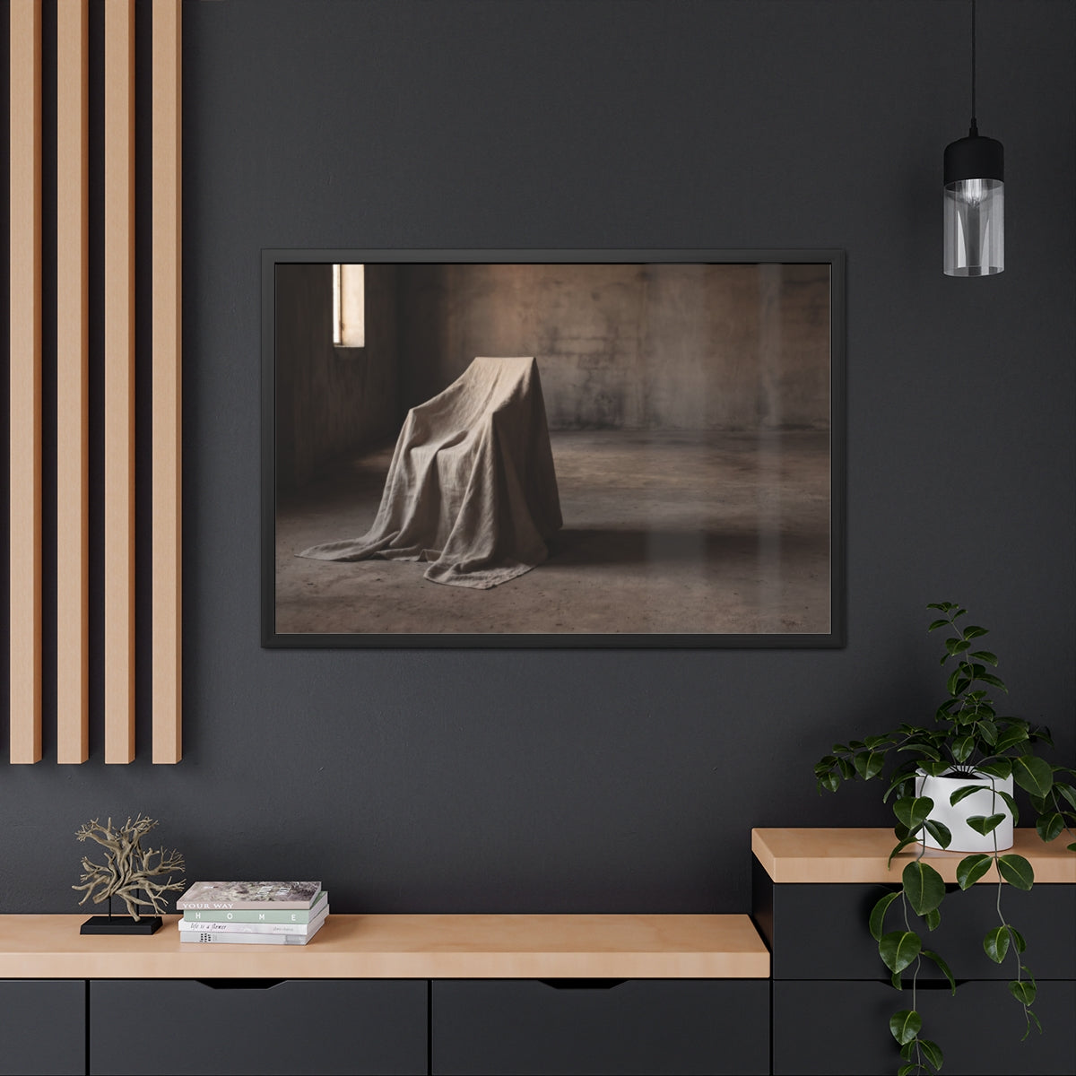 Framed Posters - Silent Shadow Covered Chair Art — Landscape...