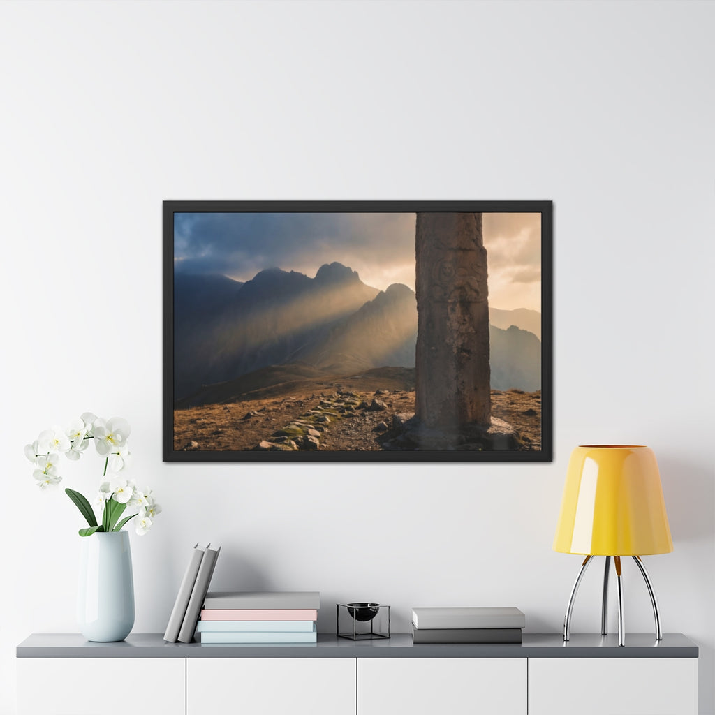 Framed Posters - Ancient Stone Column Mountain Sunset Art......