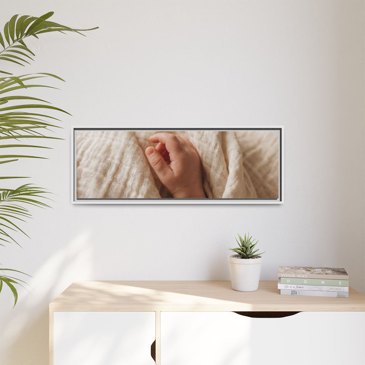 Matte Canvas, Framed - Tender Newborn Hand in Soft Muslin......