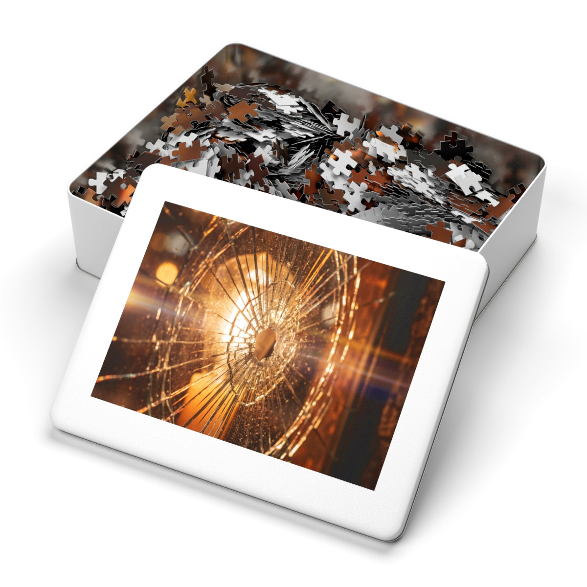 Jigsaw Puzzle with Tin - Golden Fractures Shattered Glass......
