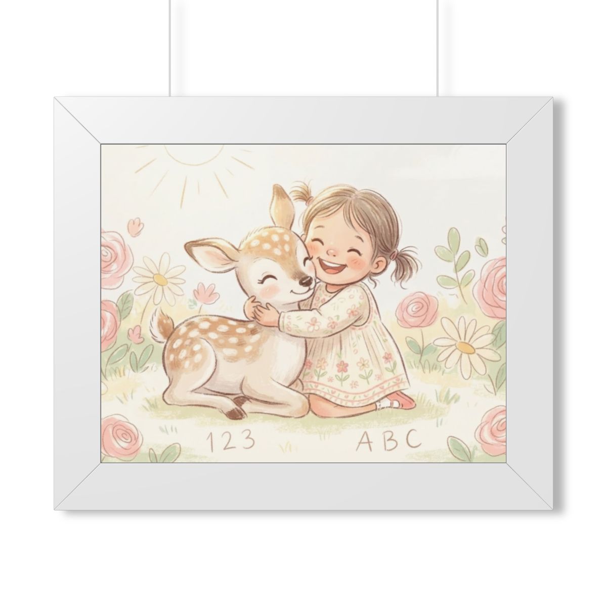 Framed Horizontal Poster - Gentle Hug Meadow Deer Art —... |...