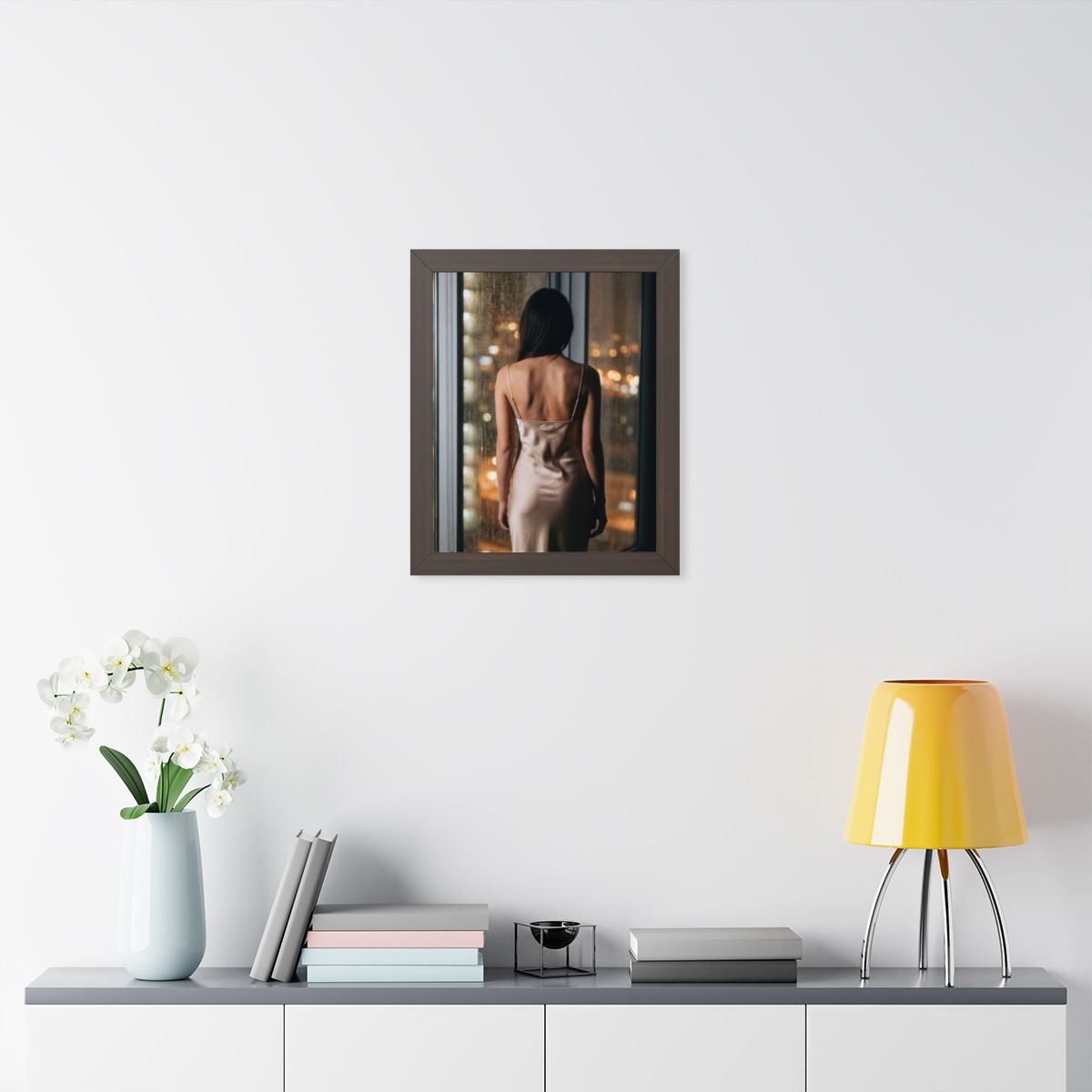 Framed Vertical Poster - Shimmering Rainscape — Walnut... |...