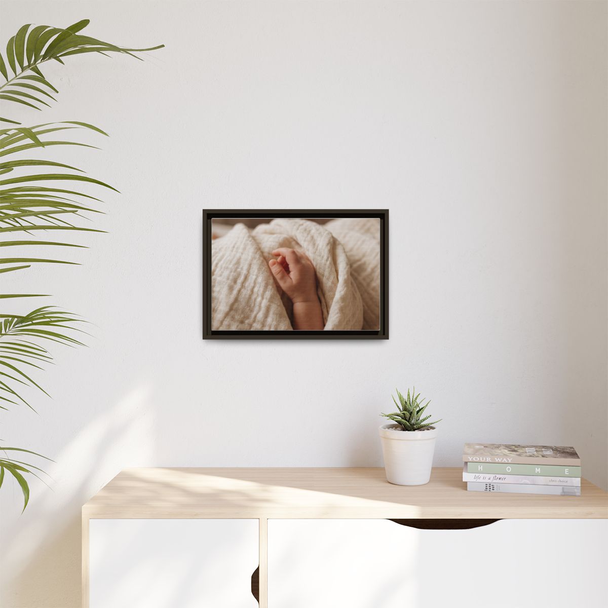Matte Canvas, Framed - Tender Newborn Hand in Soft Muslin......