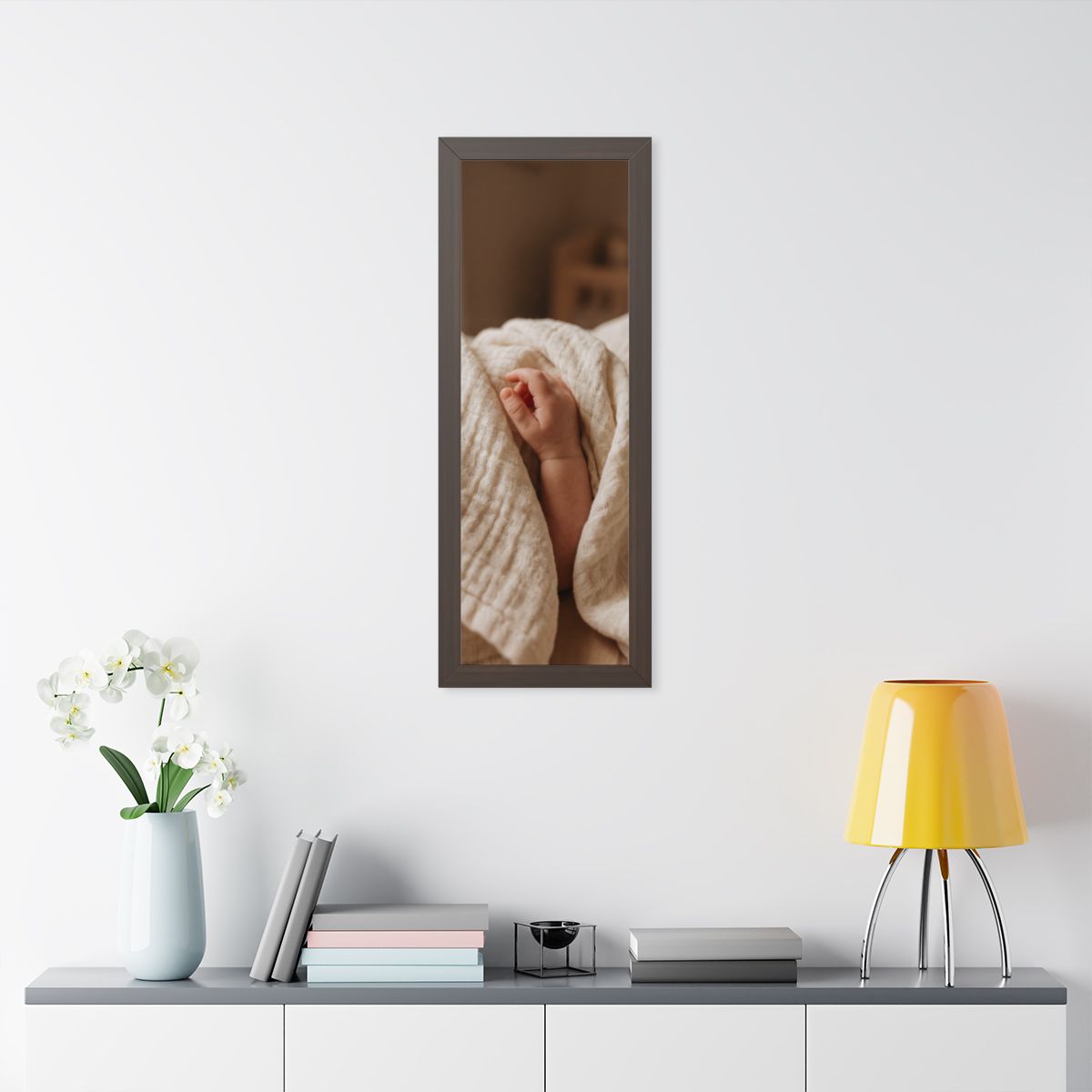 Framed Vertical Poster - Tender Newborn Hand in Soft Muslin...