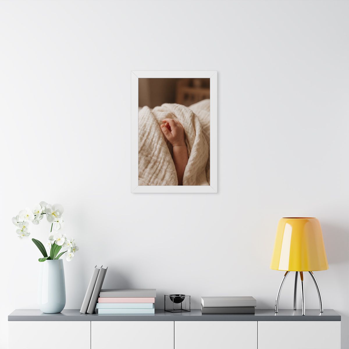Framed Vertical Poster - Tender Newborn Hand in Soft Muslin...