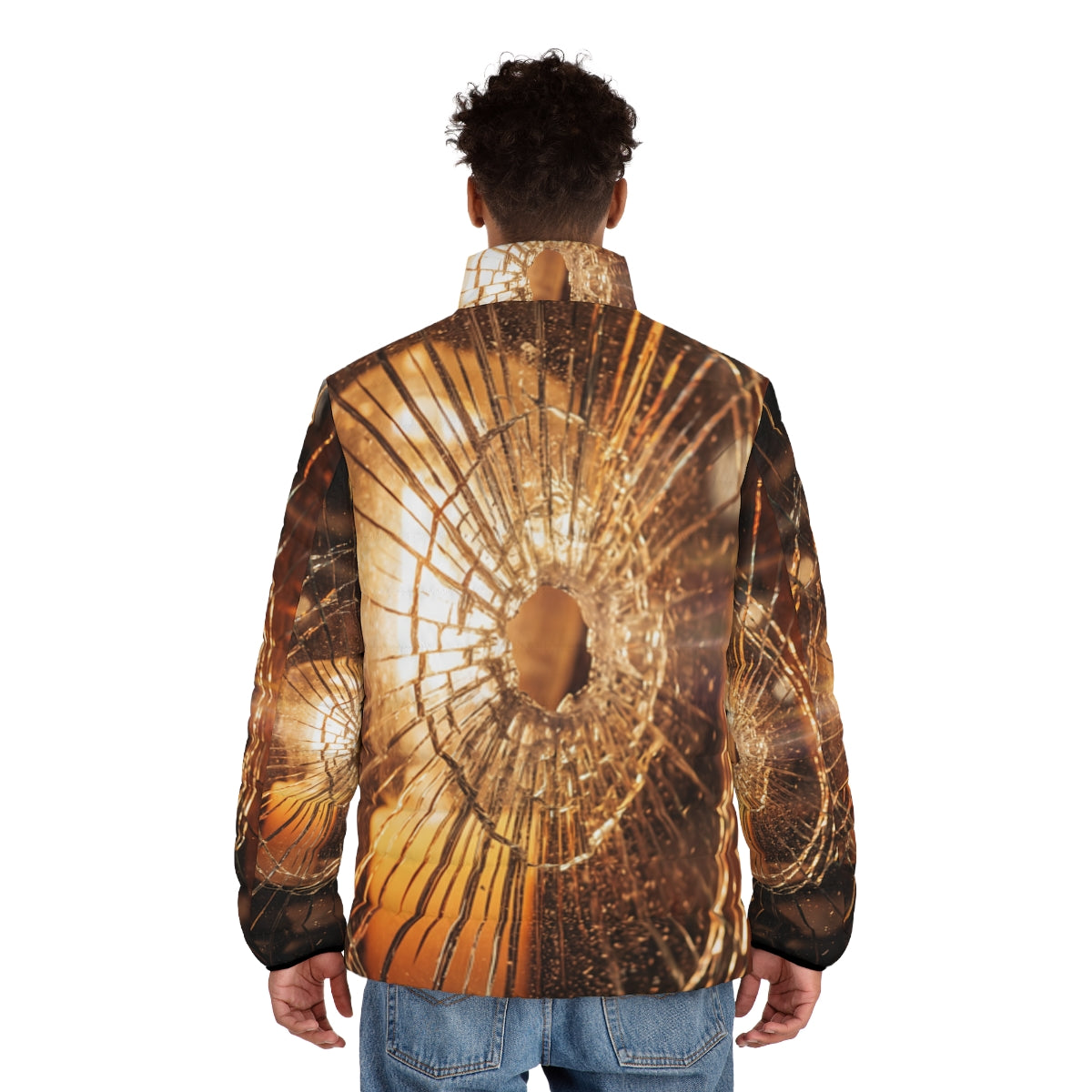 Men's Puffer Jacket - Fractured Light Amber Art - Cozy Moody...