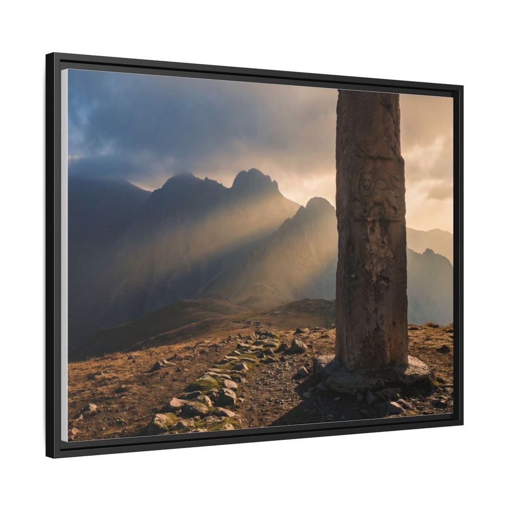 Matte Canvas, Framed - Ancient Stone Column Mountain Sunset Art (10×8, 12×9, 14×11, 16×12, 20×10, 18×12, 20×16, 24×16, 24×18, 36×12, 24×20, 32×16, 30×20, 30×24, 32×24, 48×16, 36×24, 48×24, 40×30, 60×20, 48×32, 60×30 & 60×40)