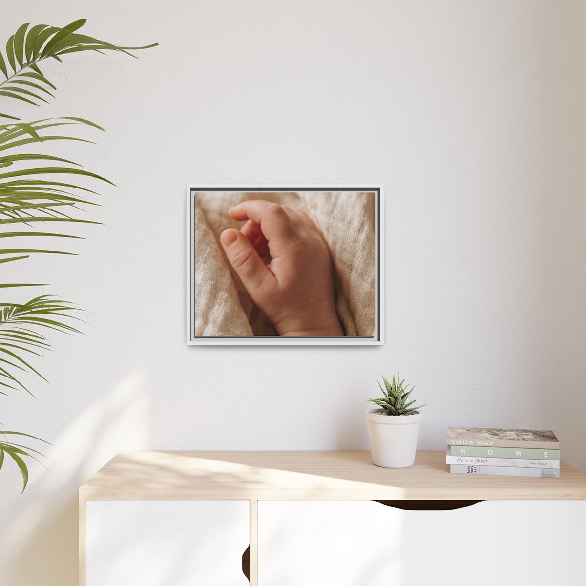 Matte Canvas, Framed - Tender Newborn Hand in Soft Muslin......
