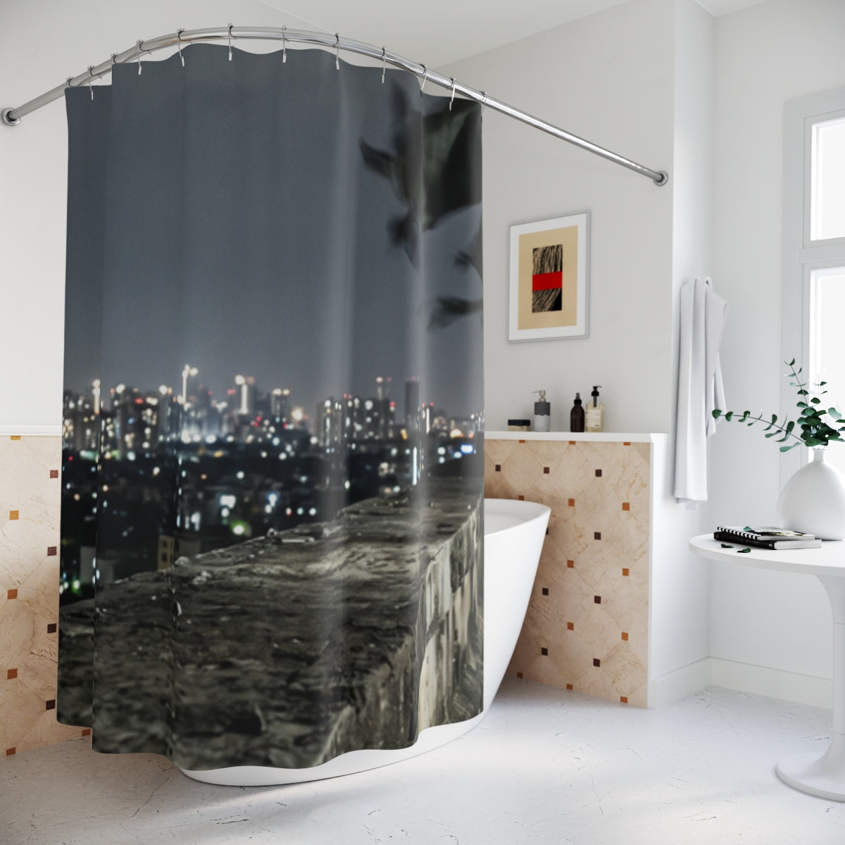 Shower Curtain - Twilight Urban Skyline Ledge | Echovira...
