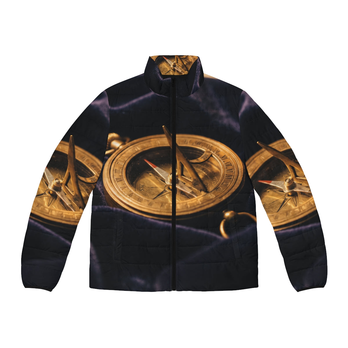 Men's Puffer Jacket Vintage Brass Sundial Art