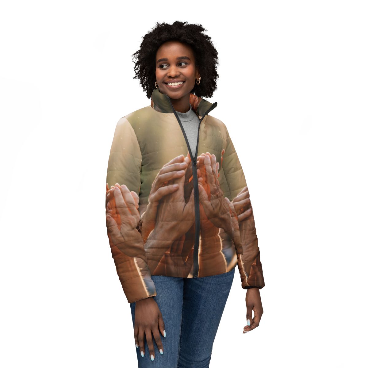 Women's Puffer Jacket - Golden Rays of Unity Wall Art |...