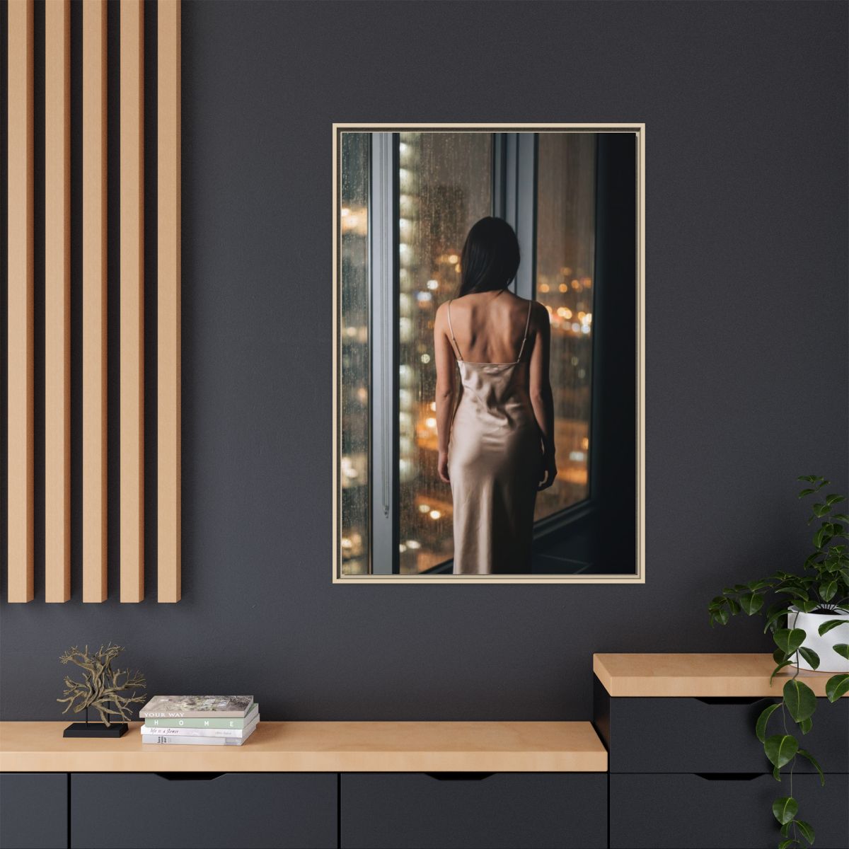 Matte Canvas, Framed - Rainy City lights Glow — Natural /......