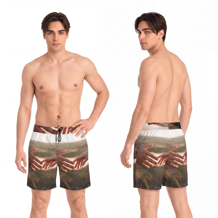 Men's Mid-Length Swim Shorts - The Infinite Touch | Ethereal Coastal Art