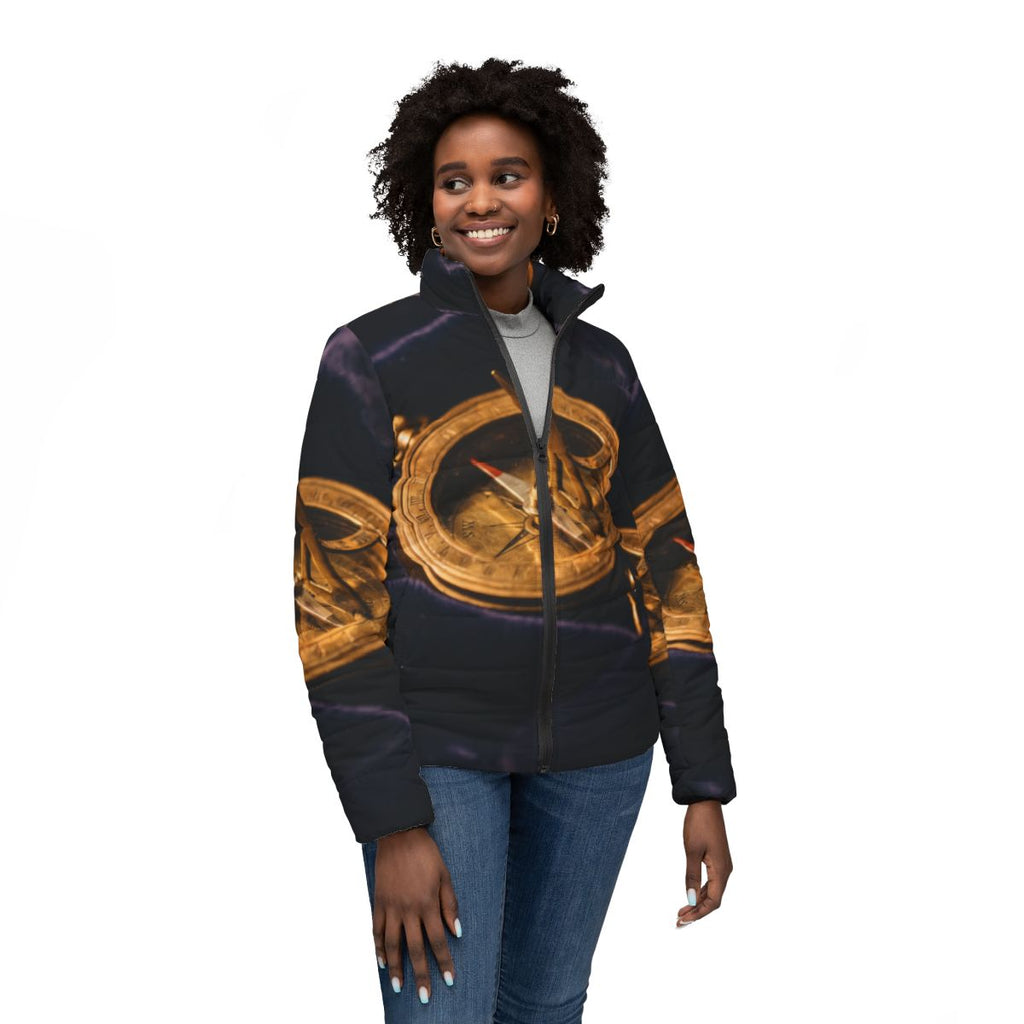 Women's Puffer Jacket Antique Sundial Compass