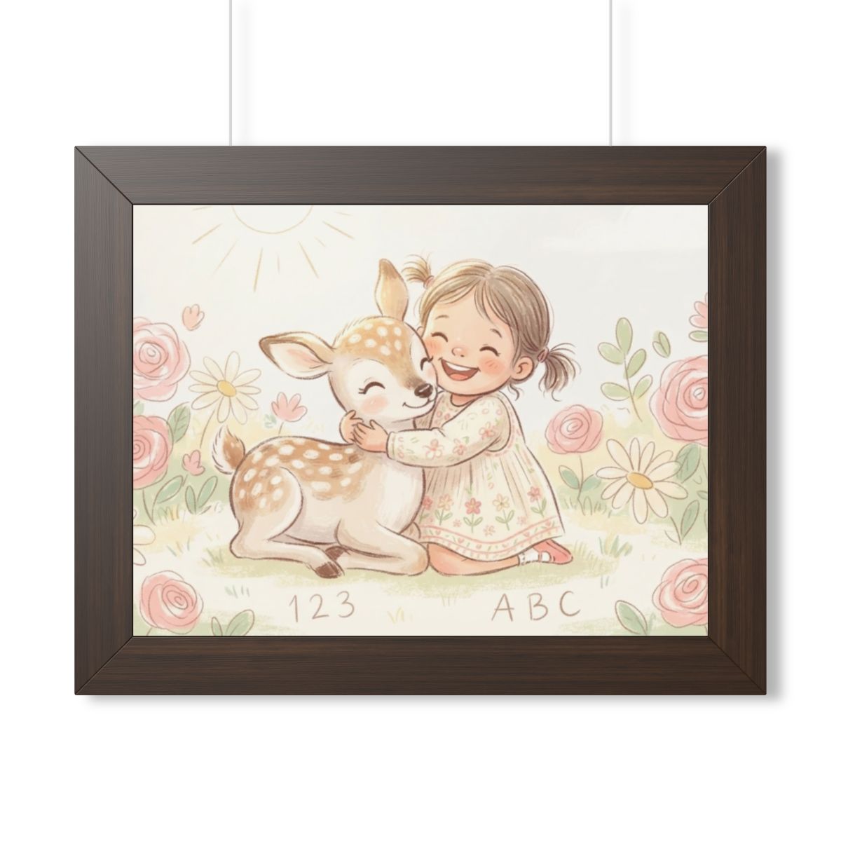 Framed Horizontal Poster - Gentle Hug Meadow Deer Art —... |...
