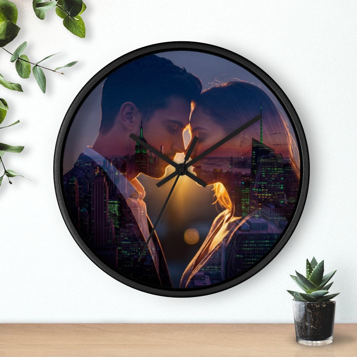 Wall Clock - City Sunset Embrace Double Exposure Silhouette...