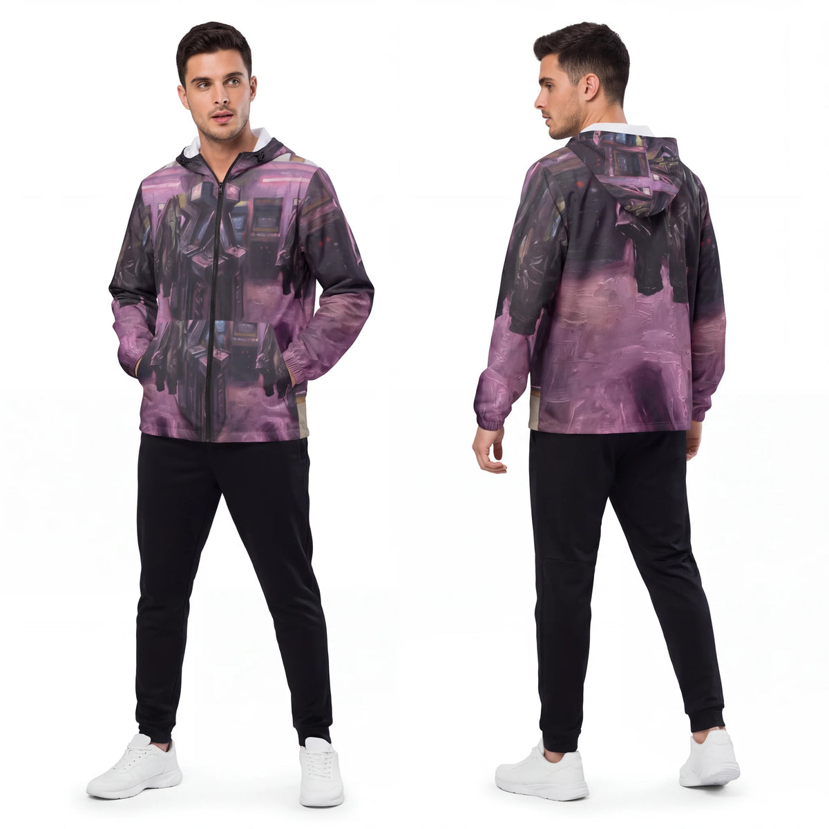 Men's Windbreaker - Neon Arcade Nights | Echovira Gallery