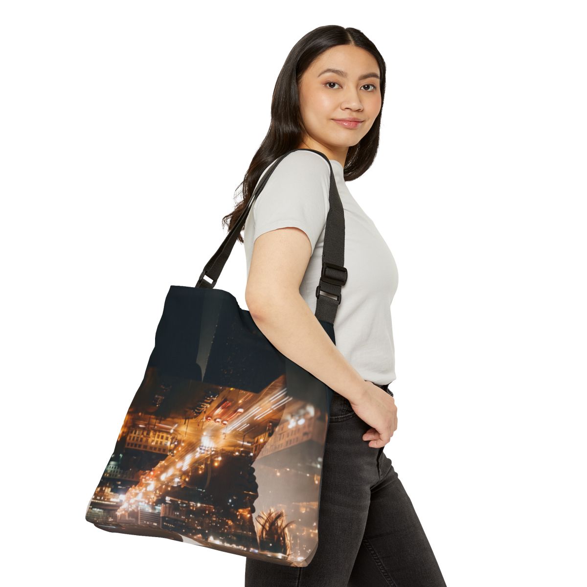Adjustable Tote Bag - City Glow Romance | Echovira Gallery