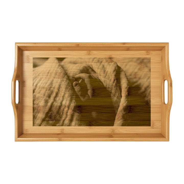 Bamboo Serving Tray - Tender Newborn Hand in Soft Muslin Blanket