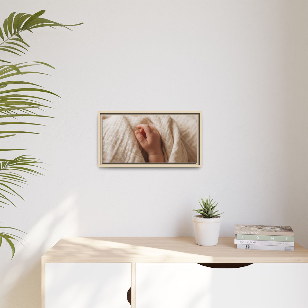 Matte Canvas, Framed - Tender Newborn Hand in Soft Muslin......