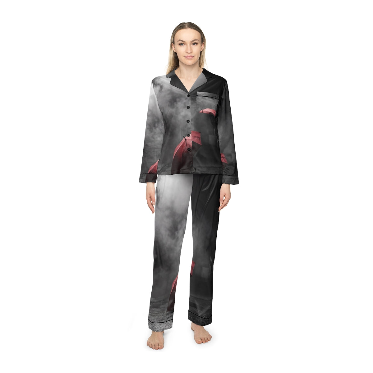 Women's Satin Pajamas Red Umbrella Noir Art