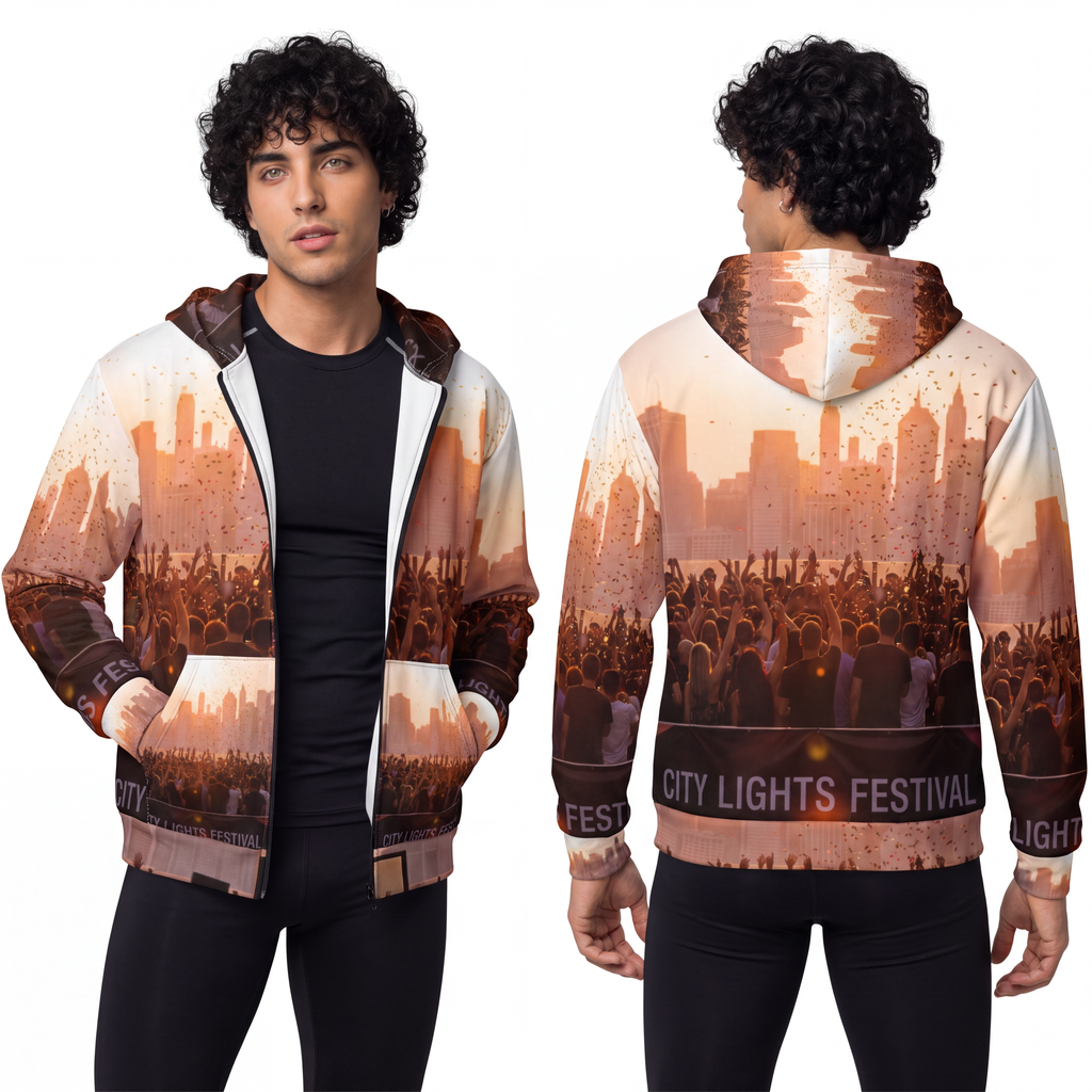 Men's Zip Hoodie - City Lights Festival | Echovira Gallery