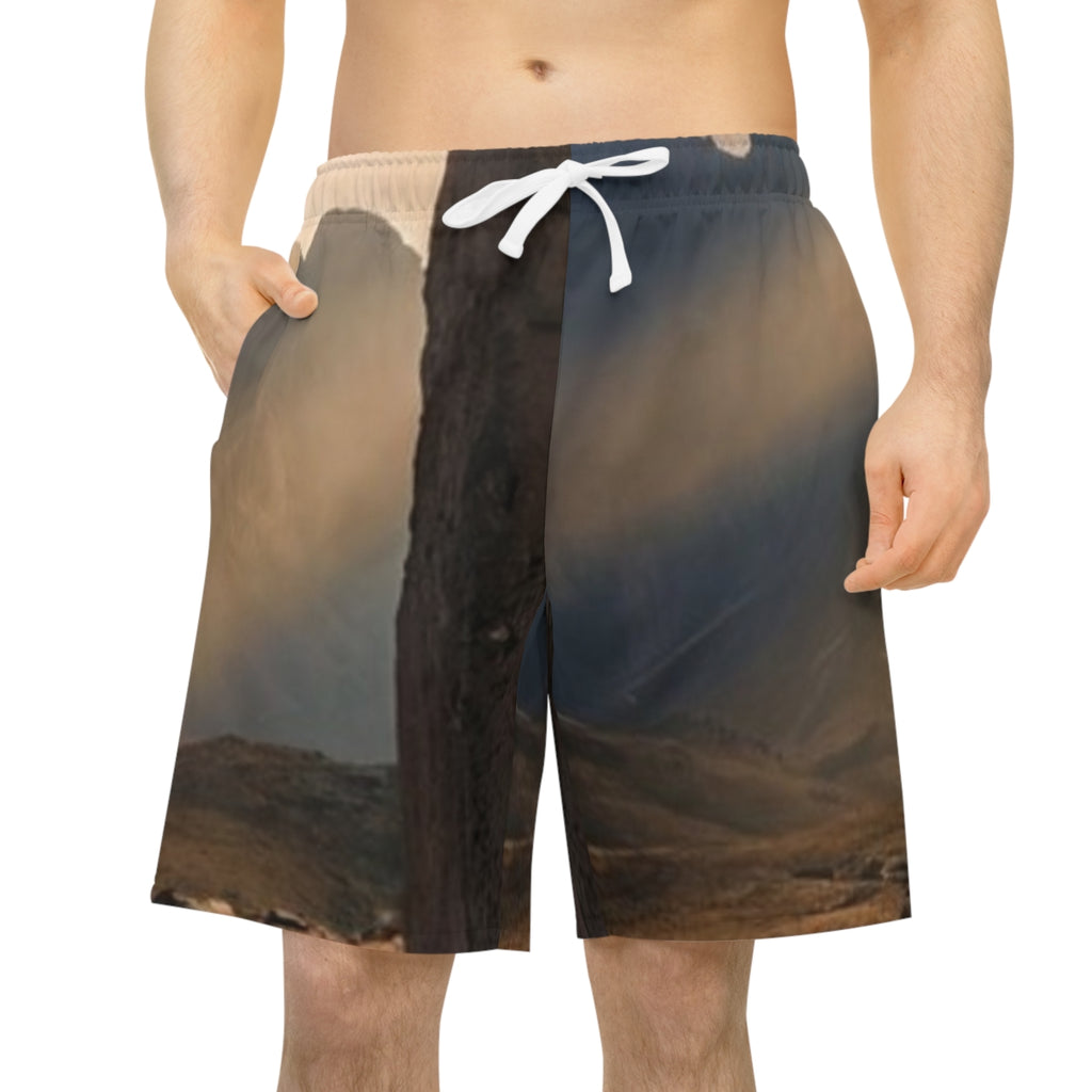 Men's Athletic Long Shorts - Ancient Stone Column Mountain...