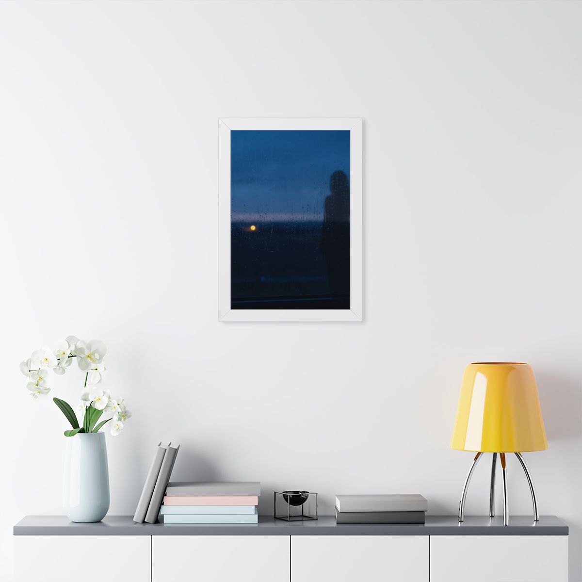 Framed Vertical Poster - Rainy Dusk Silhouette — White... |...