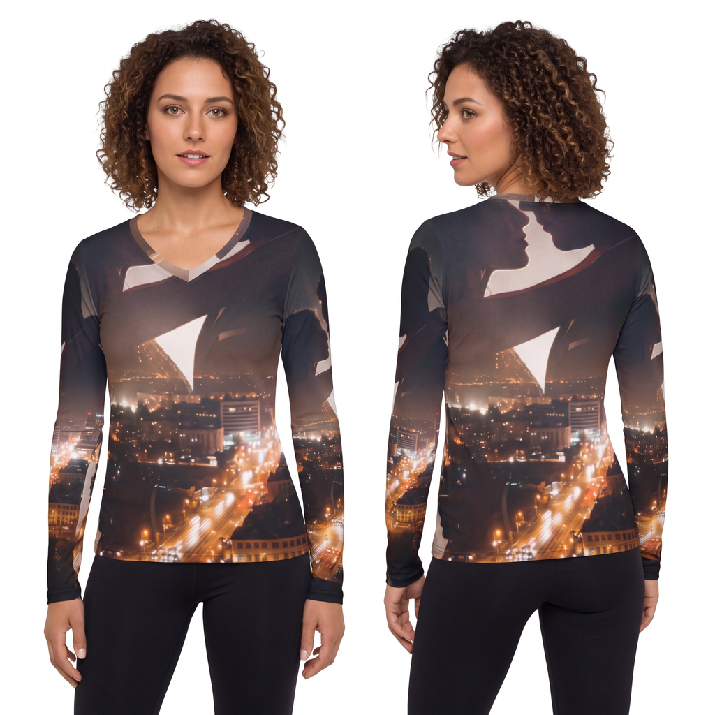 Women's Long Sleeve V-neck Shirt - Midnight City Skyline |...