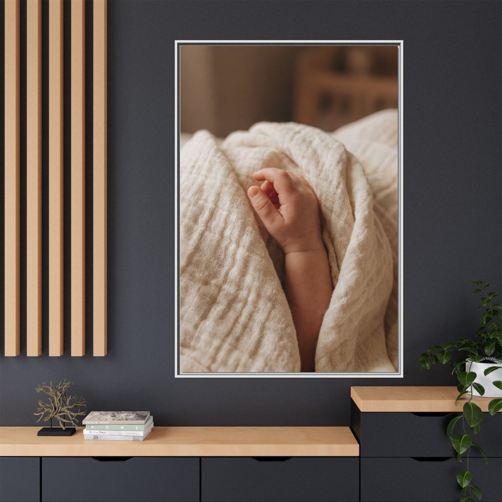 Matte Canvas, Framed - Tender Newborn Hand in Soft Muslin......