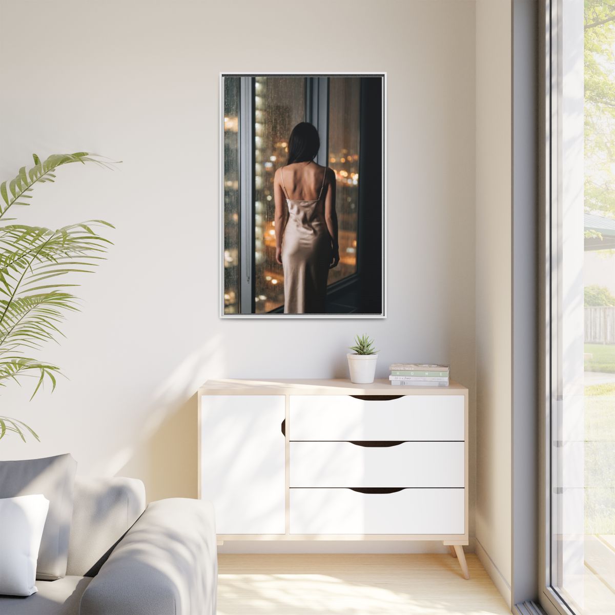 Matte Canvas, Framed - Rainy City lights Glow — White /... |...