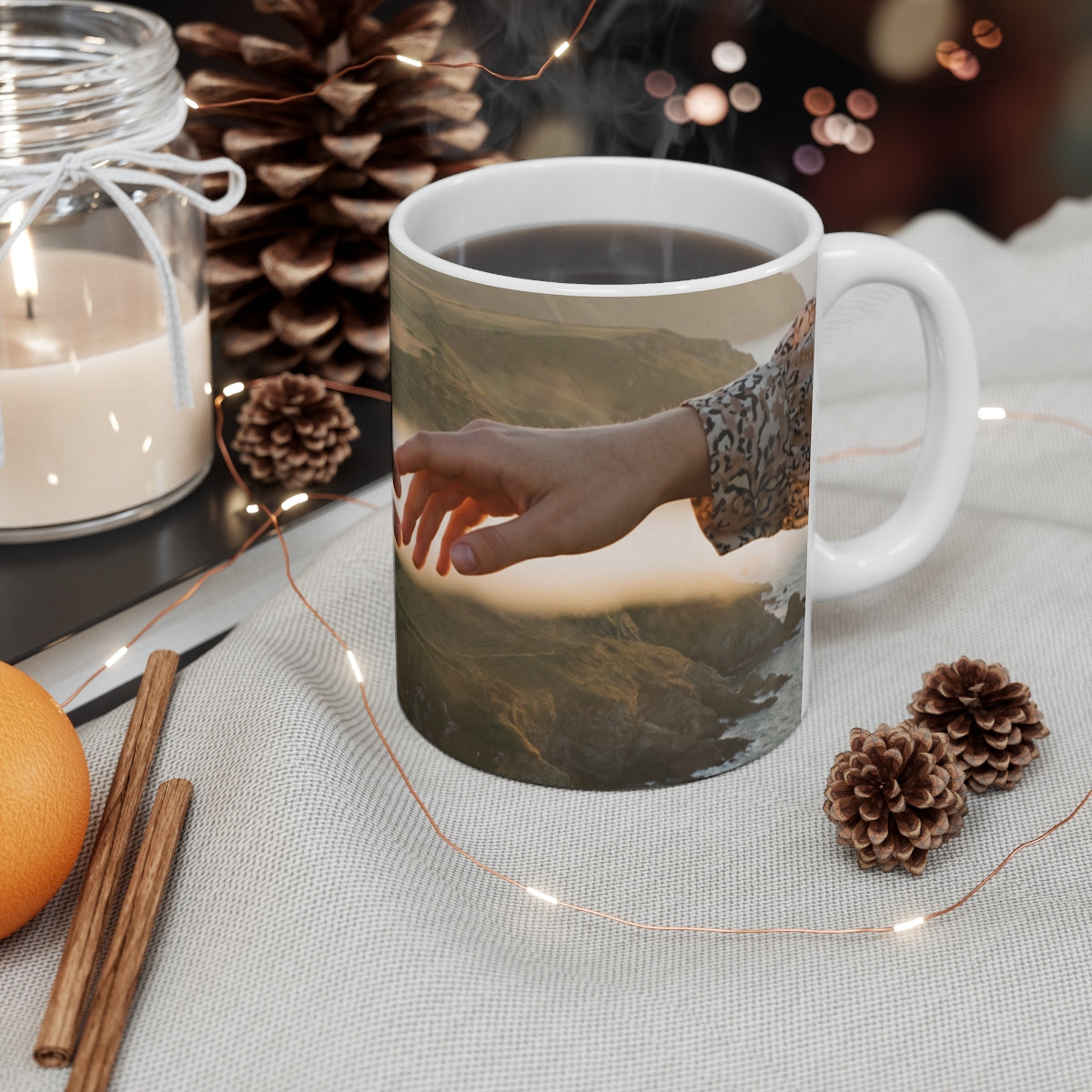 11oz White Mug - The Infinite Touch | Ethereal Coastal Art |...
