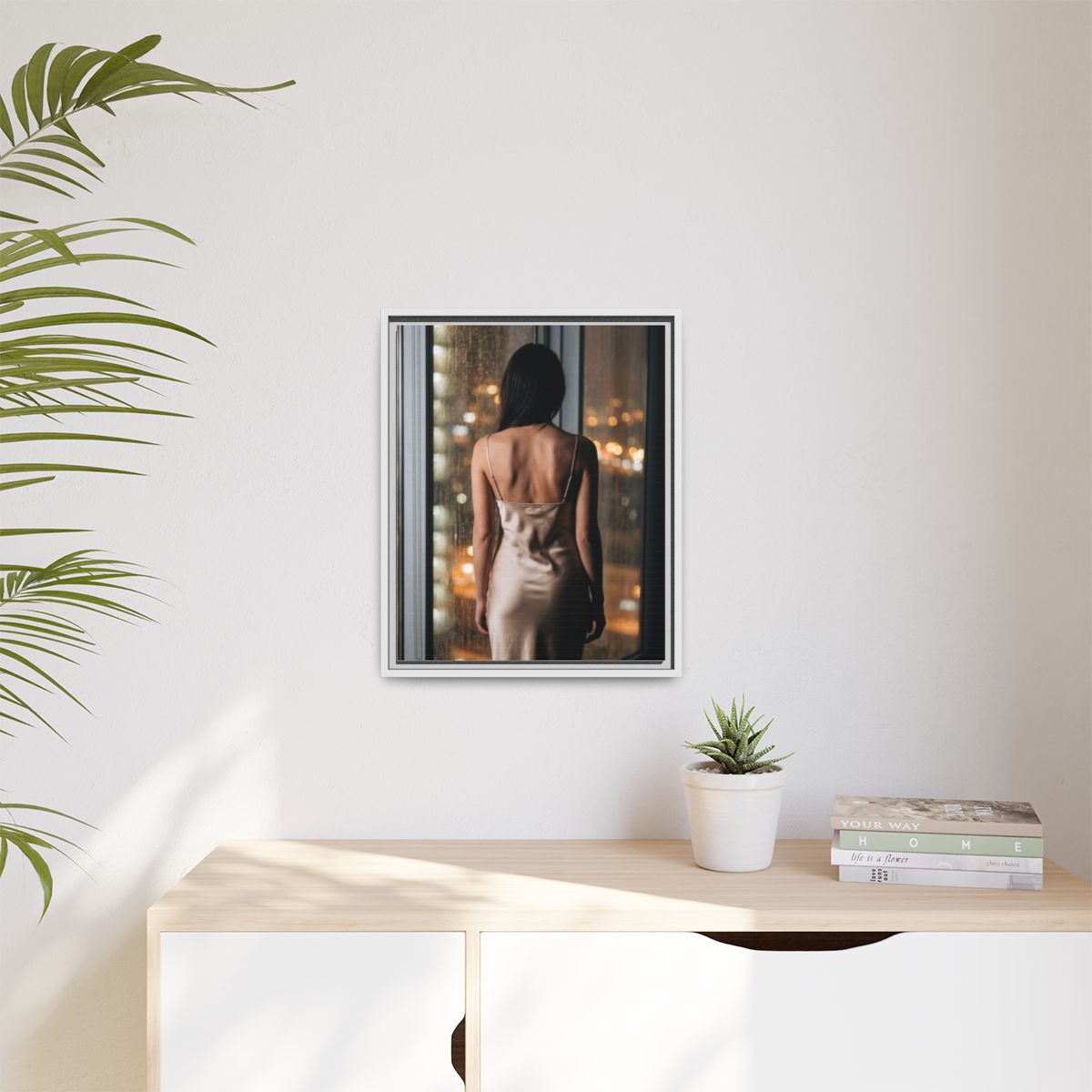 Matte Canvas, Framed - Rainy City lights Glow — White /... |...